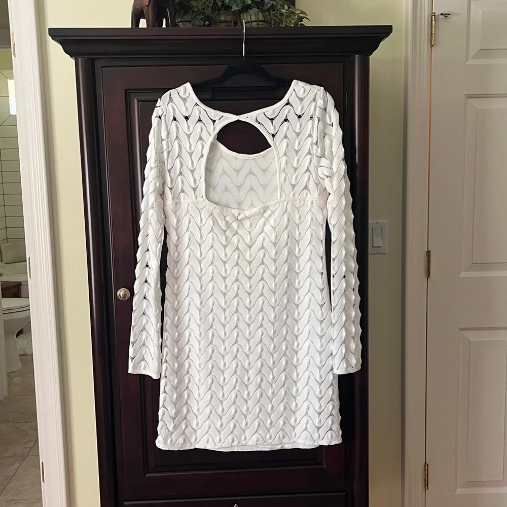 Free People Wild Thing Zig Zag Crochet Keyhole Mini Dress in creamy white - Picture 3 of 7